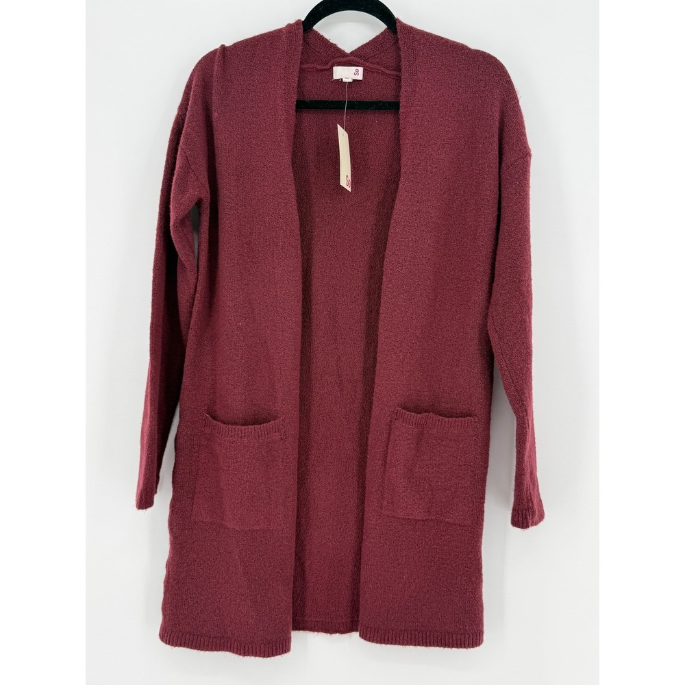 SO Women Burgundy Cardigan Marl Longline Open Front Sweater Pockets Size S NEW